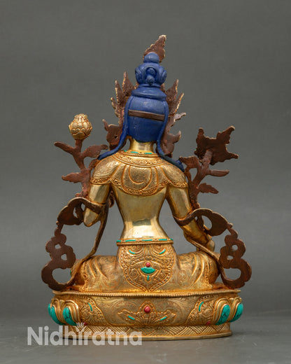 Back view Green Tara Buddhist statue, intricate carvings, five-jewelled crown, handmade Nepal