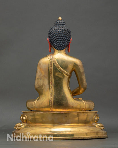 Back view Amitabha Buddha gold copper statue on lotus throne, meditation and spiritual décor