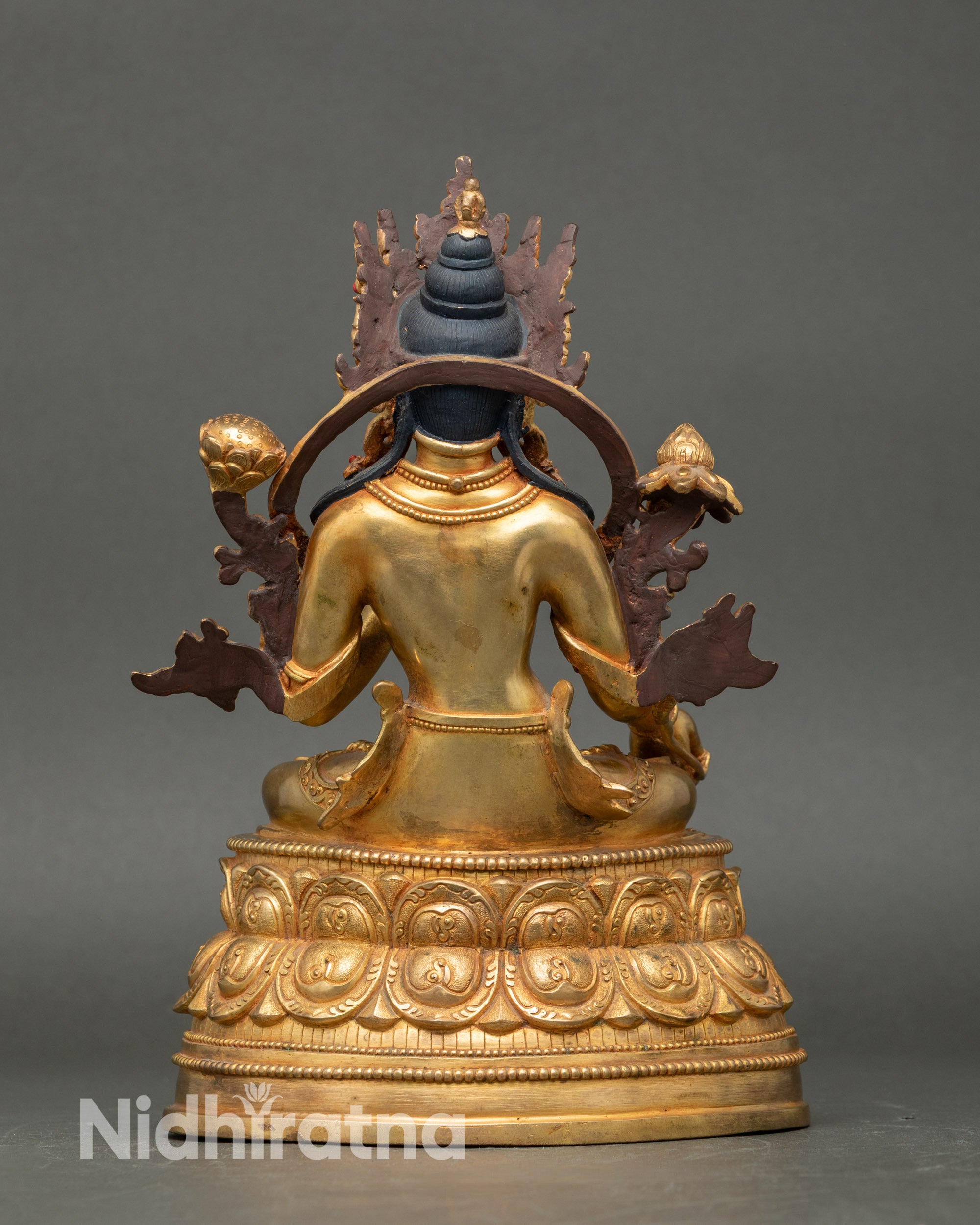 Back view White Tara statue, lotus pedestal, flowing robe, handcrafted Nepalese Buddhist décor