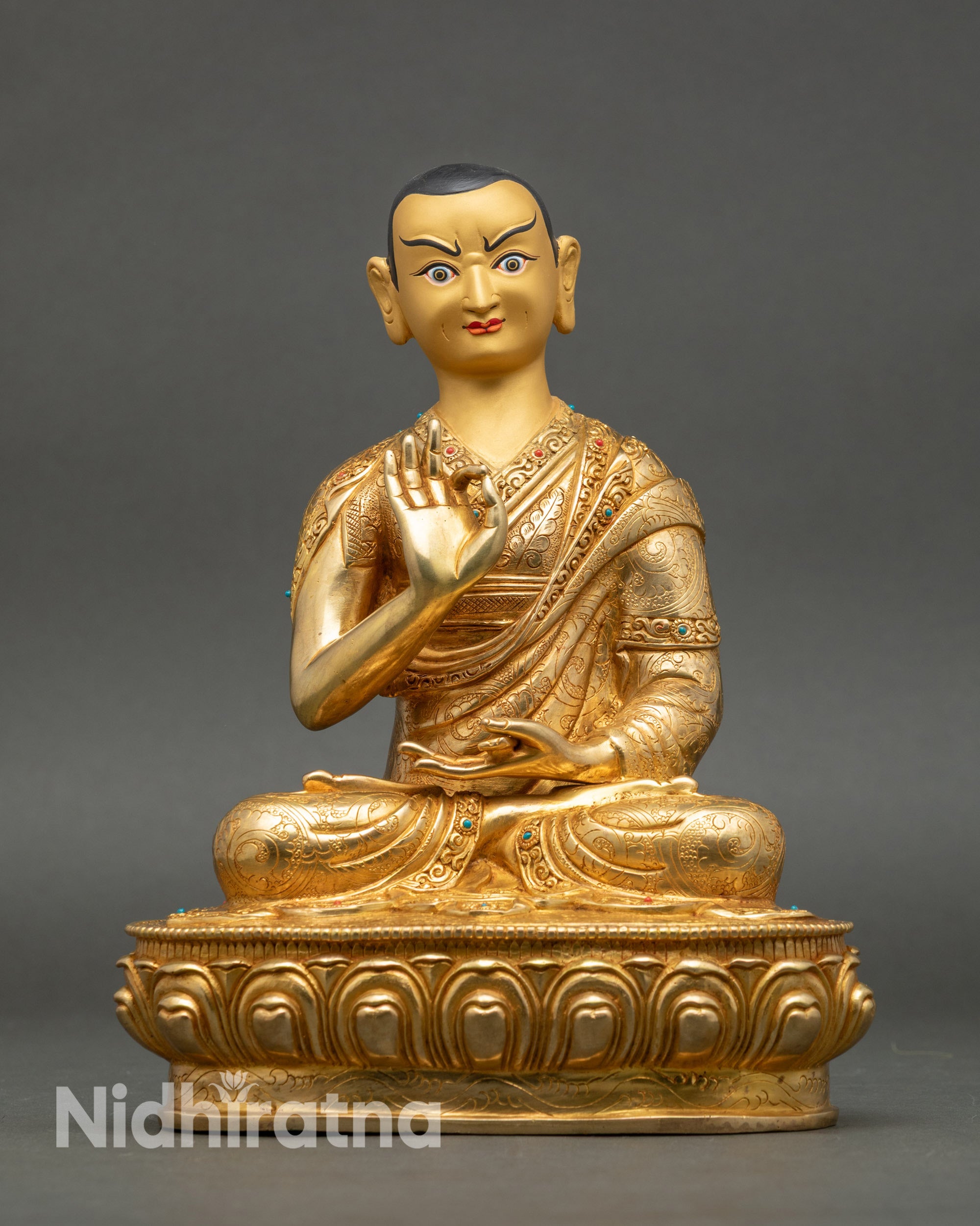 Tsongkhapa with Two Disciples | Handmade 24K Gold Nepalese Sculpture