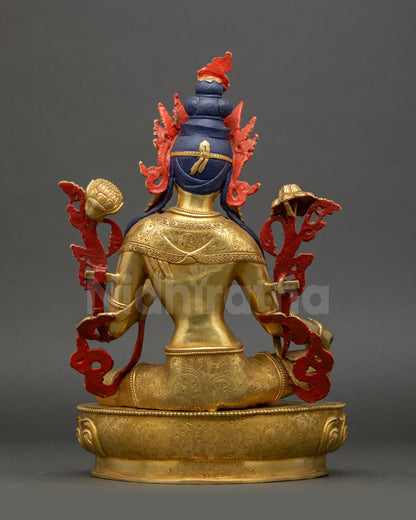 Back view Green Tara statue gold-gilded copper, handcrafted Nepal Buddhist altar decor