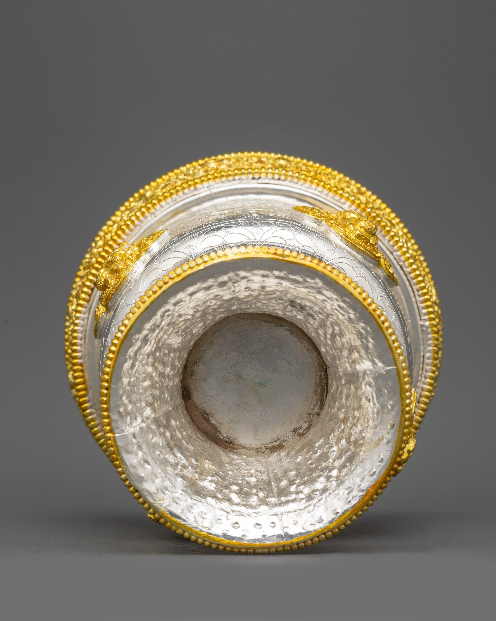 Back view Water Offering Bowl, traditional Himalayan gold & silver-plated design