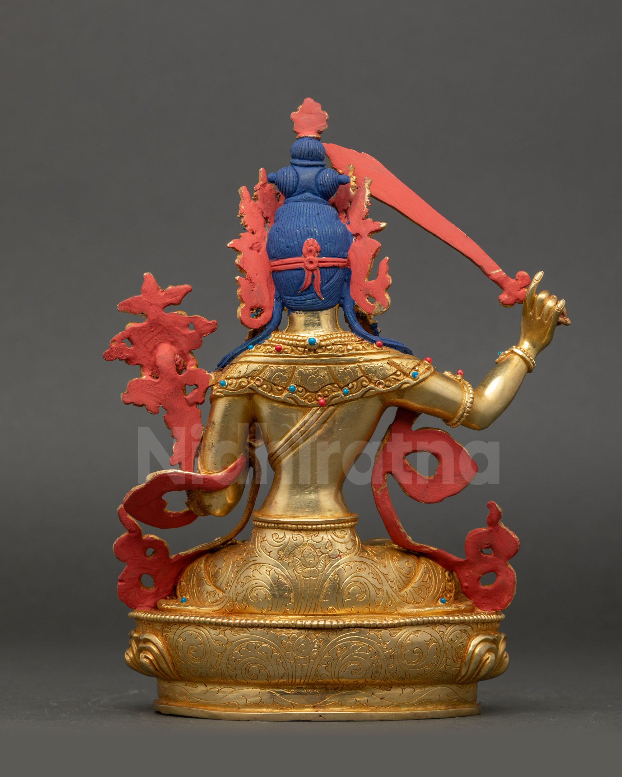 Back view Manjushree Statue, handmade Nepalese lost-wax copper meditation sculpture