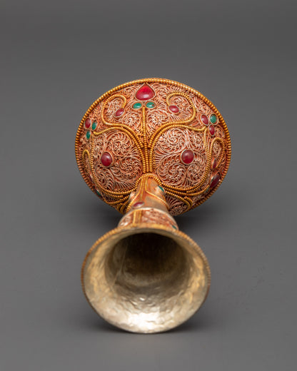 6" Tibetan Serkyem Offering Bowl | Copper & Gold Filigree Ritual Bowl