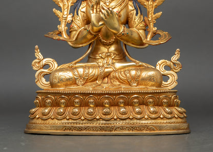 Base view Manjushri statue with engraved double lotus disc and traditional Newari artisan design