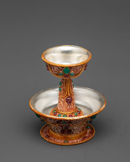 5" Tibetan Serkyem Offering Bowl | Gemstone-Adorned Copper Ritual Bowl