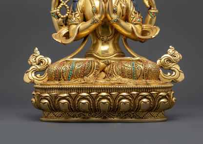 Four-Armed Divine Chenrezig Sculpture | 24K Gold-Gilded Buddhist Idol