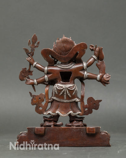 Back view White Mahakala statue, lotus seat, oxidized and silver-plated copper, Newari handmade