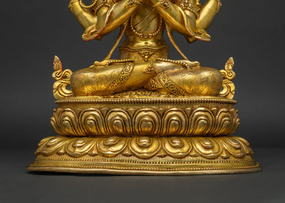 Four-armed Chenrezig Statue – 24K Gold Fire-Gilded Buddhist Sculpture