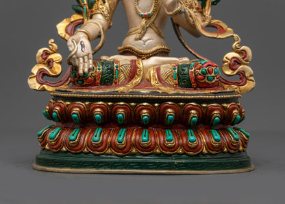 Exquisite White Tara Sculpture | 24k Gold-Gilded Face of Sita Tara