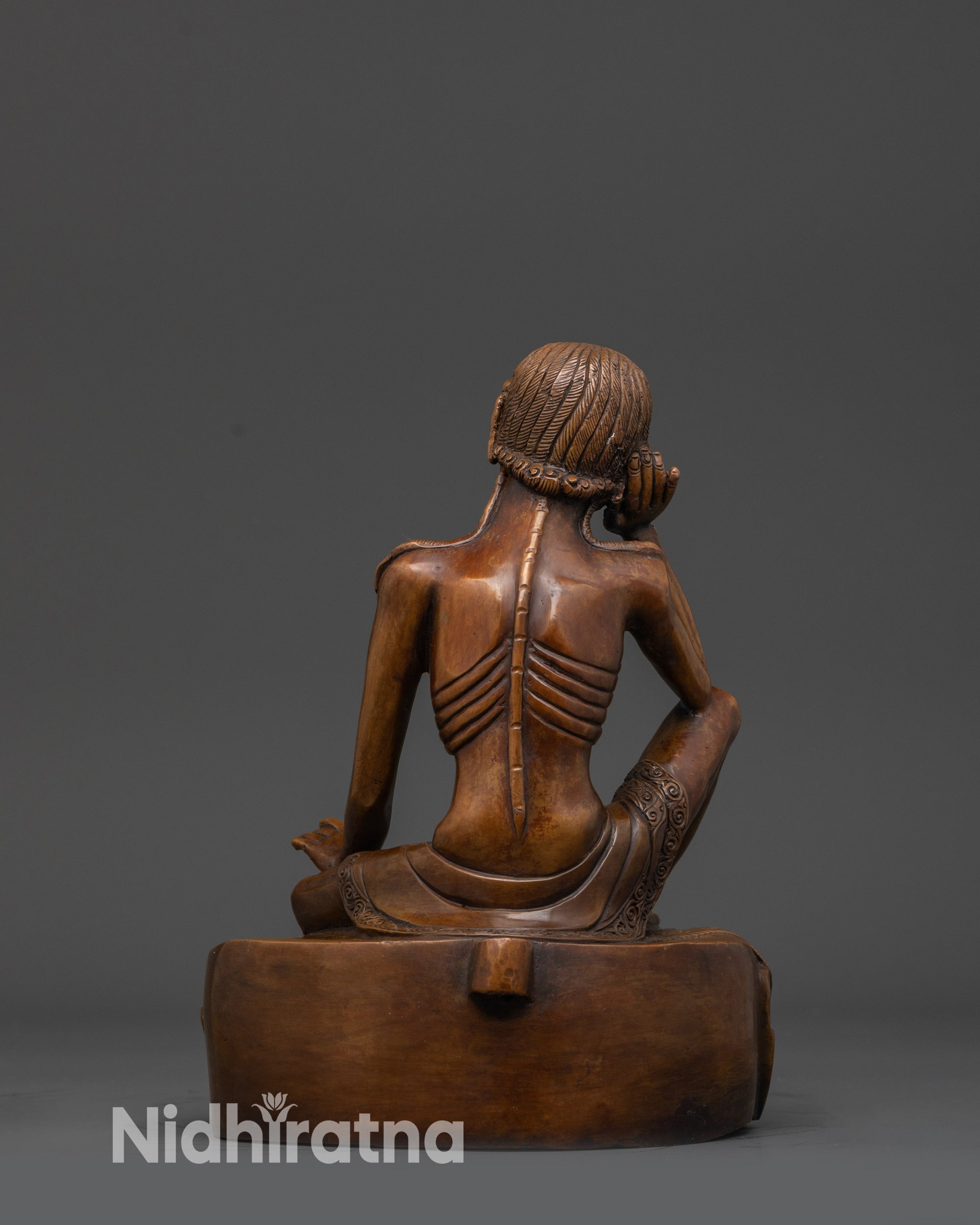 Oxidized Milarepa Statue | Tibetan Yogi in Cave Meditation Sculpture