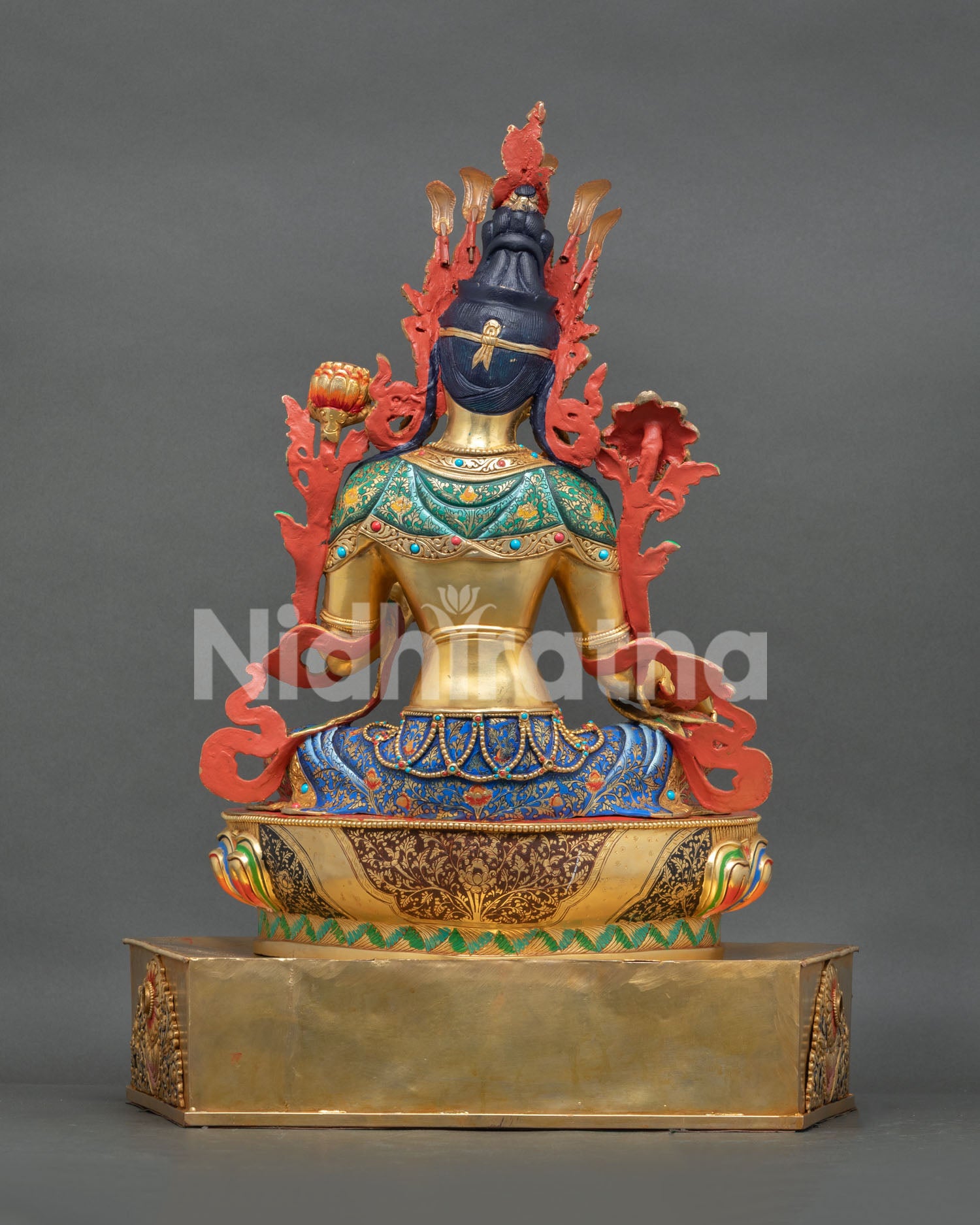 Enthroned Green Tara Statue | Multicolor Nepali Buddhist Artwork