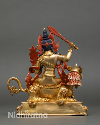 Simhada Manjushri Statue | 24K Gold Fire-Gilded Copper Artwork