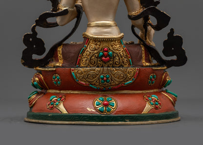 Exquisite White Tara Sculpture | 24k Gold-Gilded Face of Sita Tara
