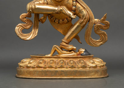 Base view Simhamukha statue with lotus throne and human figure symbolizing victory over ignorance