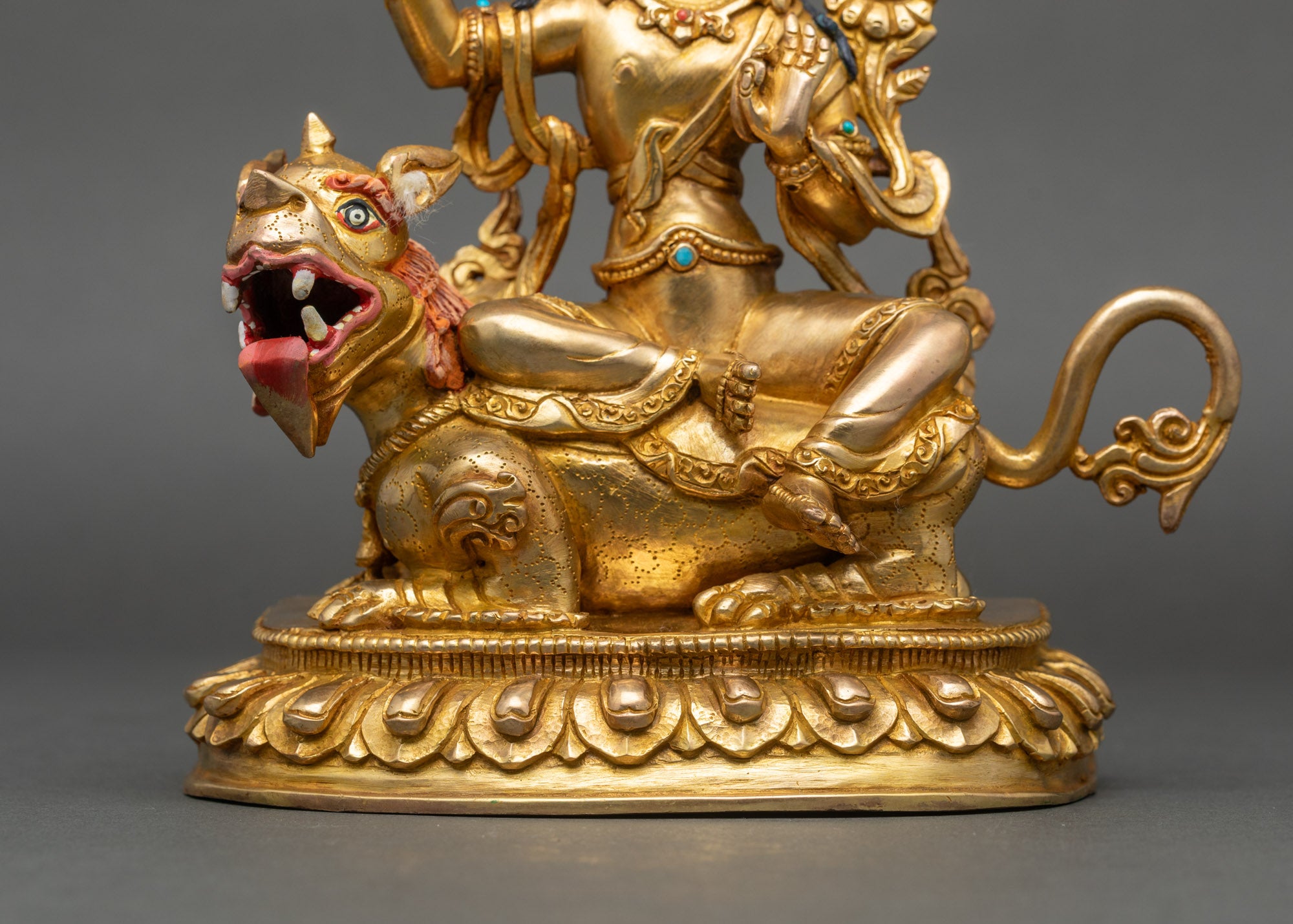 Simhada Manjushri Statue | 24K Gold Fire-Gilded Copper Artwork