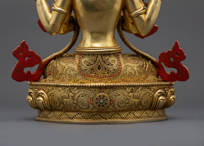 Four-Armed Divine Chenrezig Sculpture | 24K Gold-Gilded Buddhist Idol