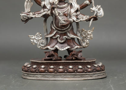 Handcrafted Oxidized White Mahakala Sculpture with Silver-Plated Finish