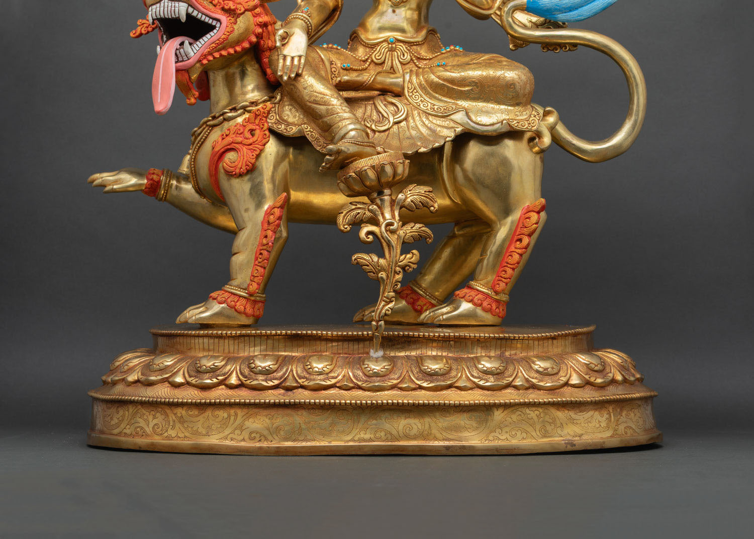 Green Tara Statue on Ornate Snow Lion Throne |  Handmade in Nepal