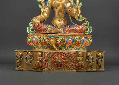 Enthroned Green Tara Statue | Multicolor Nepali Buddhist Artwork