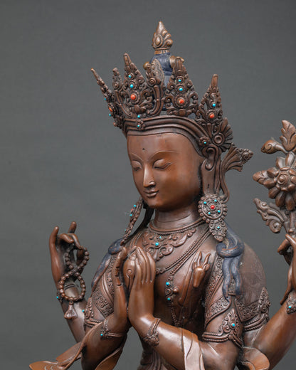 Four-Armed Chenrezig Statue | Oxidized Copper Sculpture