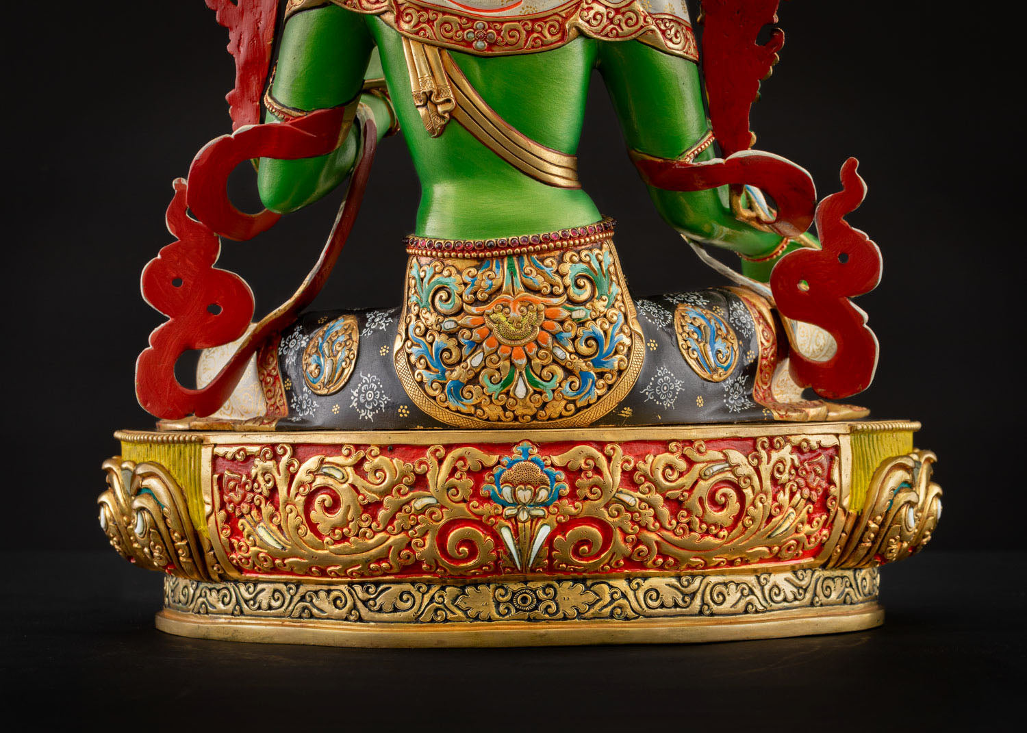 Focus on robe patterns and gold gilding craftsmanship of Green Tara Statue