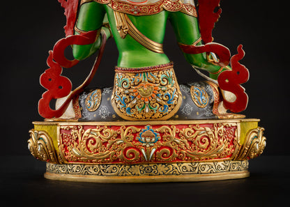 Focus on robe patterns and gold gilding craftsmanship of Green Tara Statue