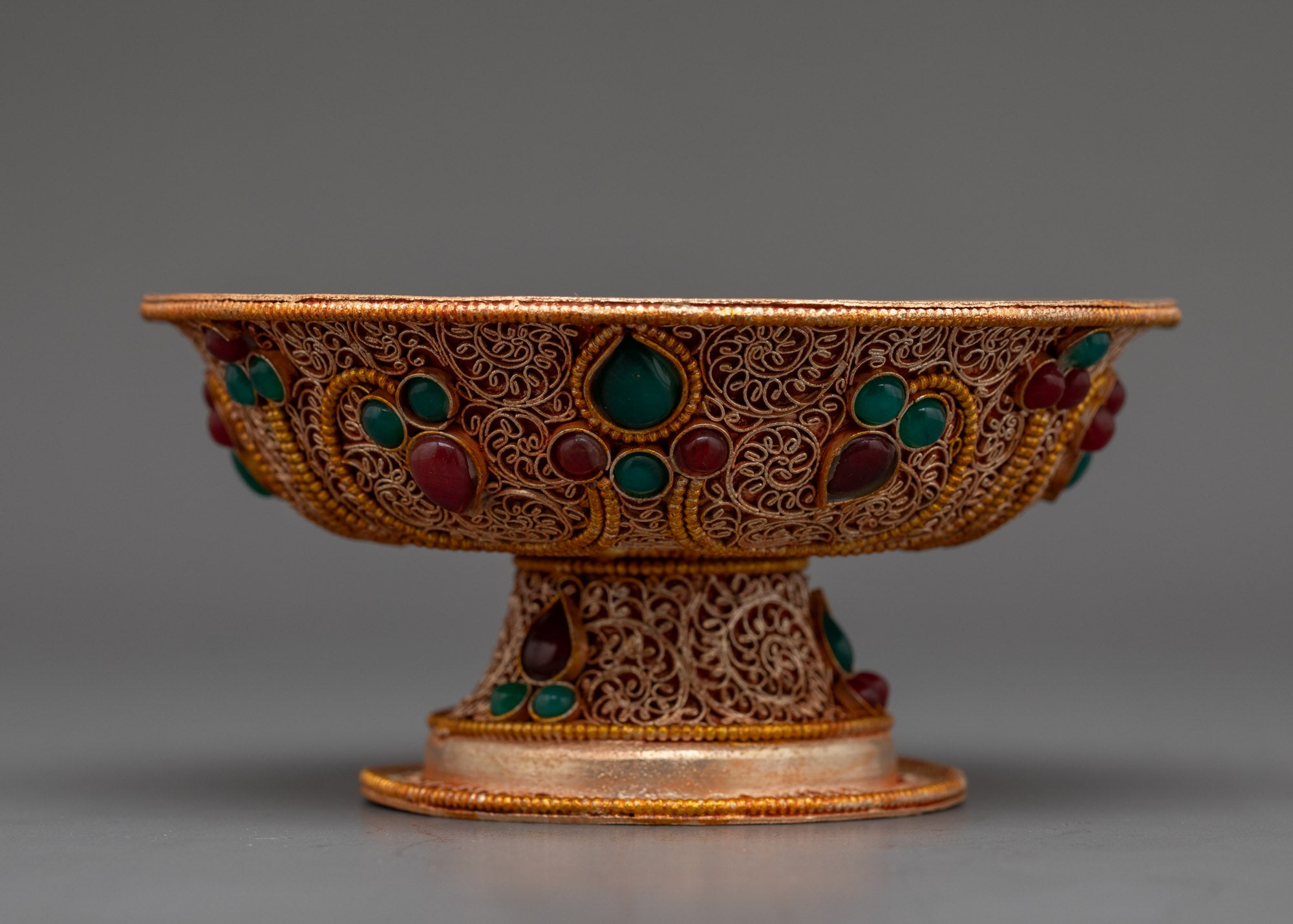 5" Tibetan Serkyem Offering Bowl | Gemstone-Adorned Copper Ritual Bowl