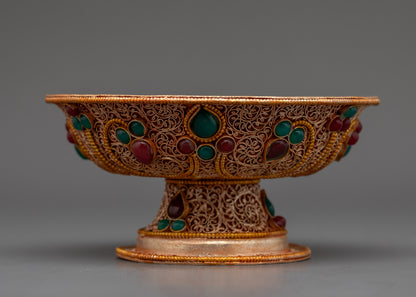 5" Tibetan Serkyem Offering Bowl | Gemstone-Adorned Copper Ritual Bowl