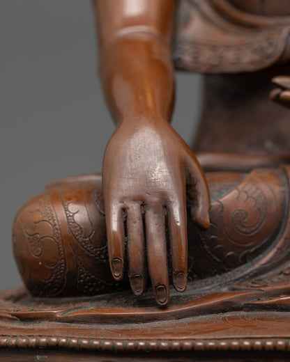 Tibetan Shakyamuni Buddha Statue – Oxidized Copper with Gold Face