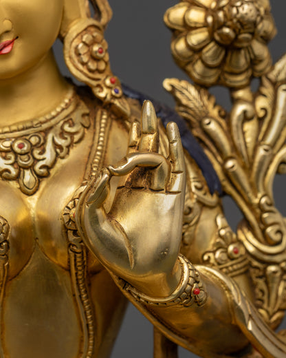 Handcrafted Statue of Divine Green Tara | 24K Gold Face of Mother Tara