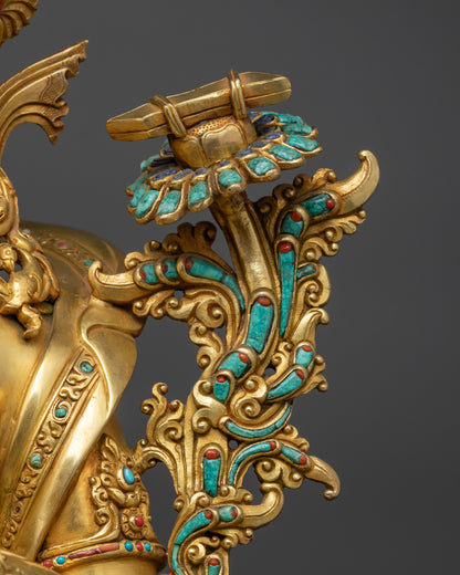 Buddhist Manjushri Statue | Gold-Gilded Bodhisattva of Knowledge Idol
