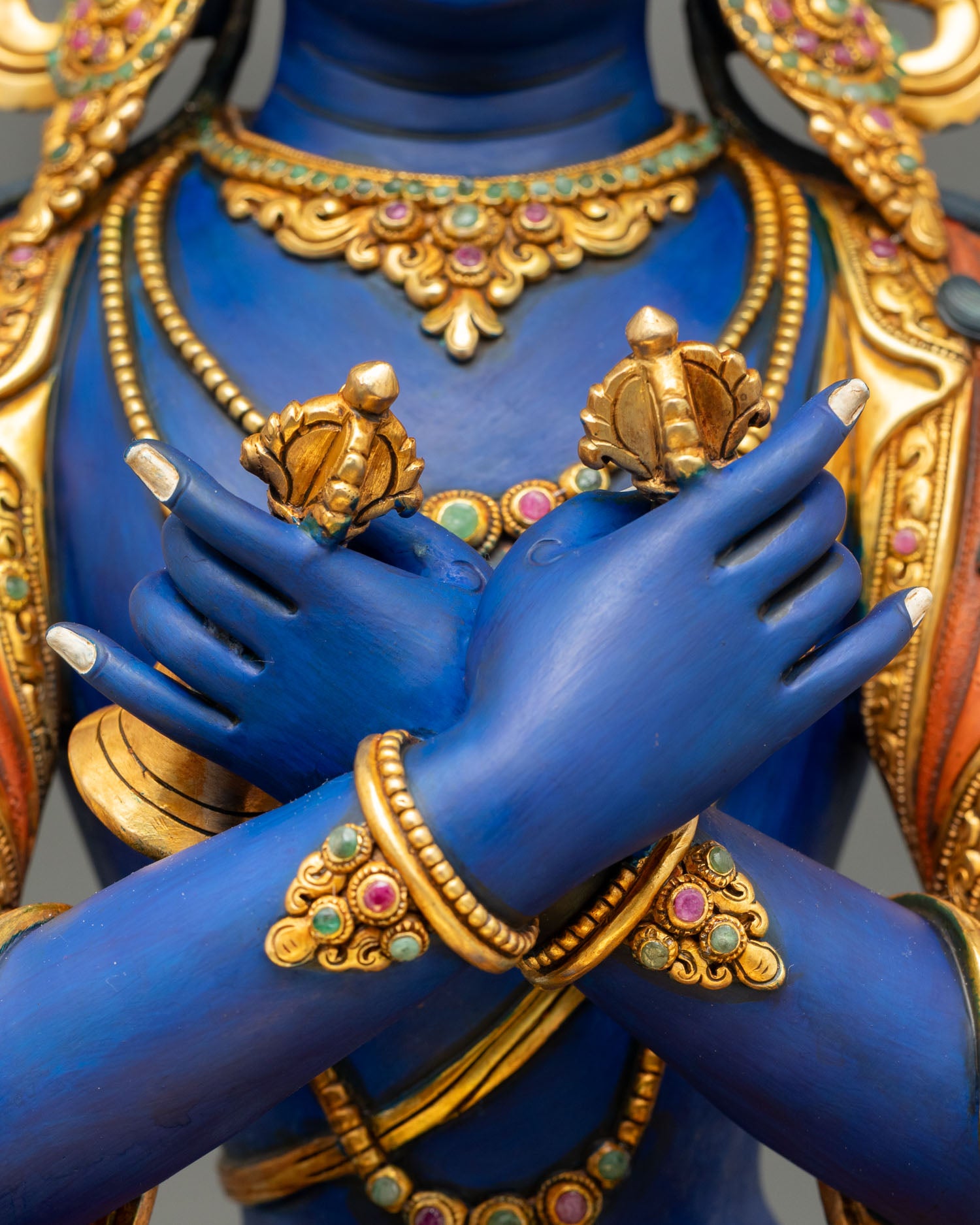 Blue Vajradhara Statue with Jeweled Halo | Lost‑Wax Copper Craft