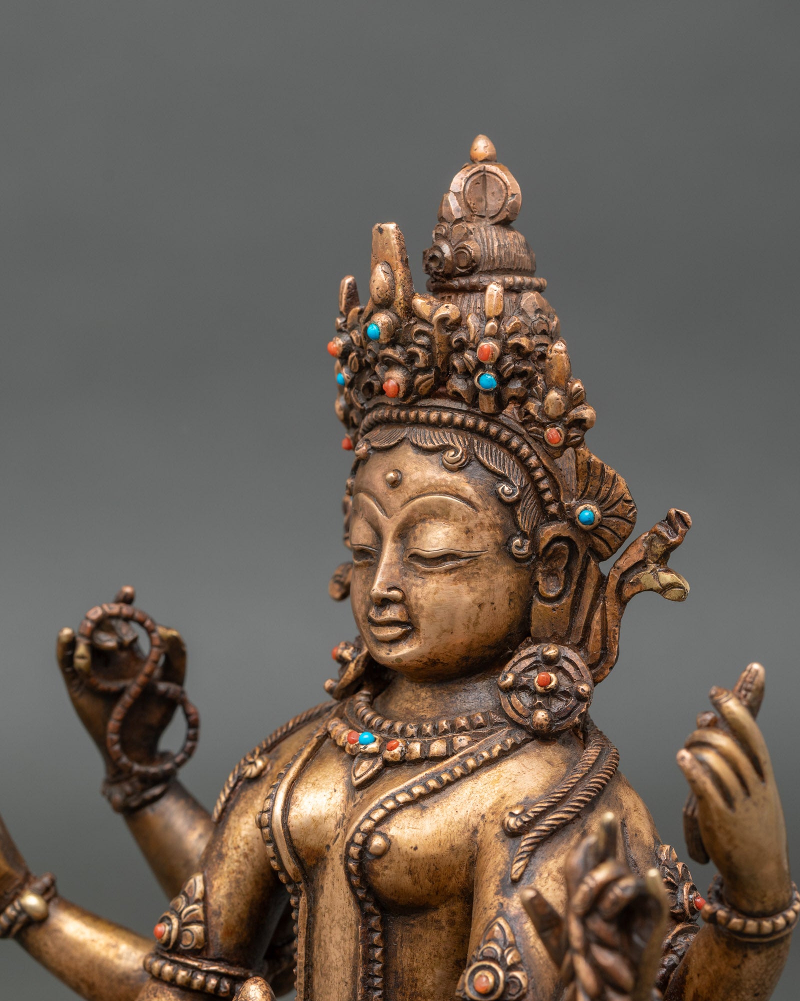 Six-Armed Vasudhara Statue | Oxidized Copper & Bronze Sculpture