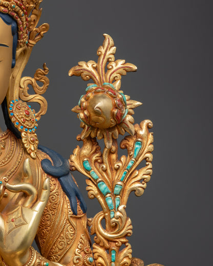 24K Gold-Gilded Green Tara Statue | Traditional Nepalese Buddhist Art