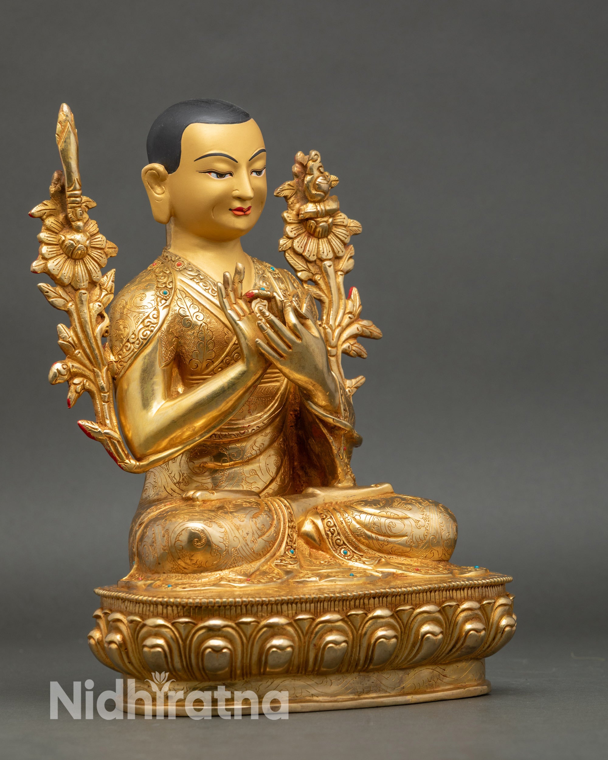 Tsongkhapa with Two Disciples | Handmade 24K Gold Nepalese Sculpture