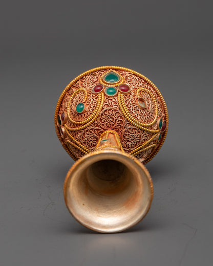 5" Tibetan Serkyem Offering Bowl | Gemstone-Adorned Copper Ritual Bowl