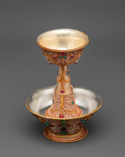 6" Tibetan Serkyem Offering Bowl | Copper & Gold Filigree Ritual Bowl