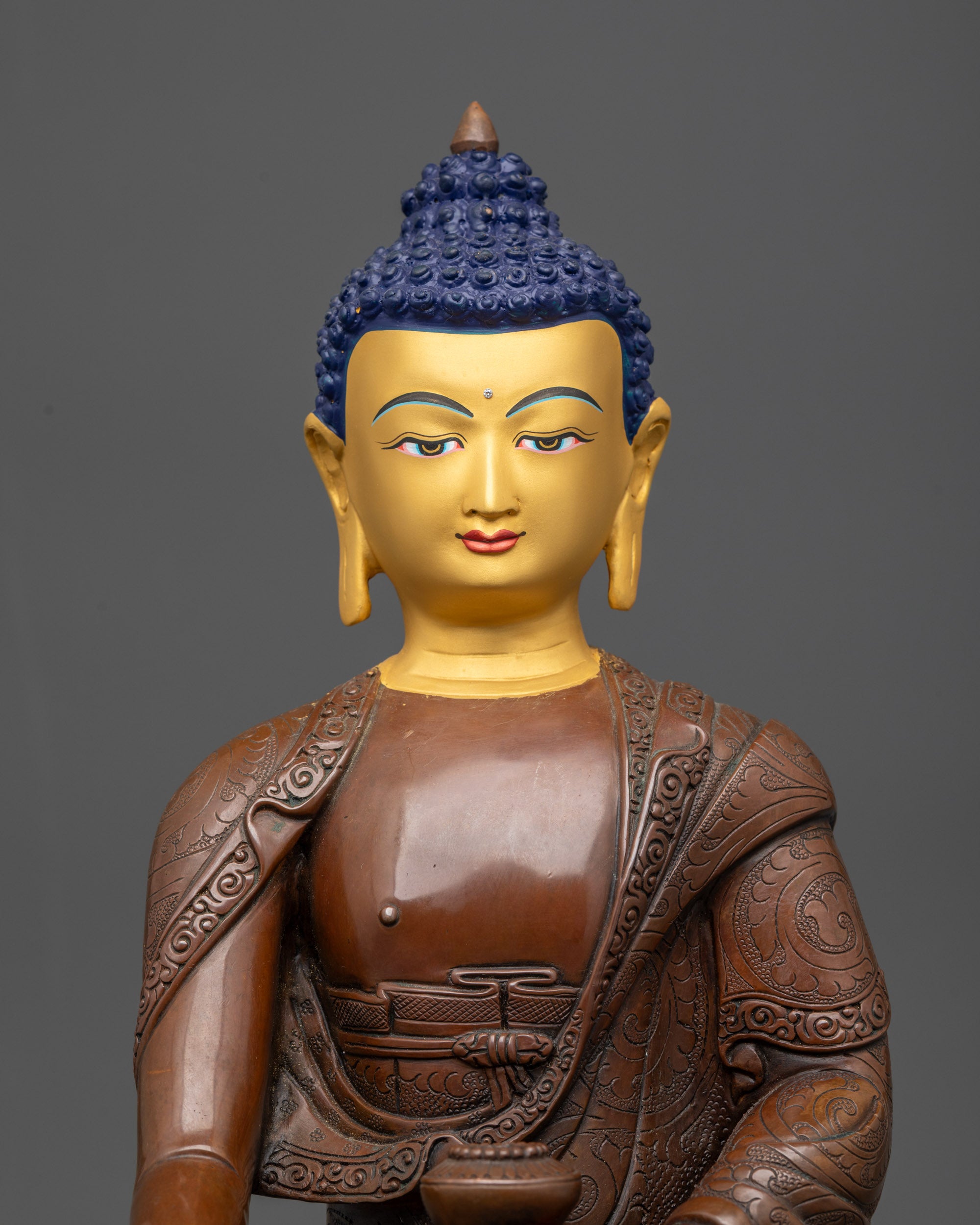 Tibetan Shakyamuni Buddha Statue – Oxidized Copper with Gold Face