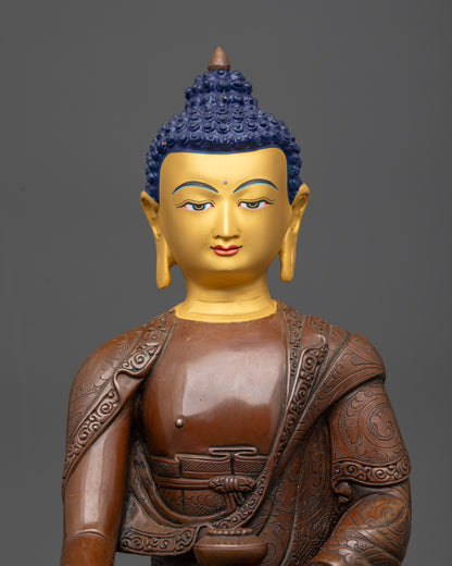 Tibetan Shakyamuni Buddha Statue – Oxidized Copper with Gold Face