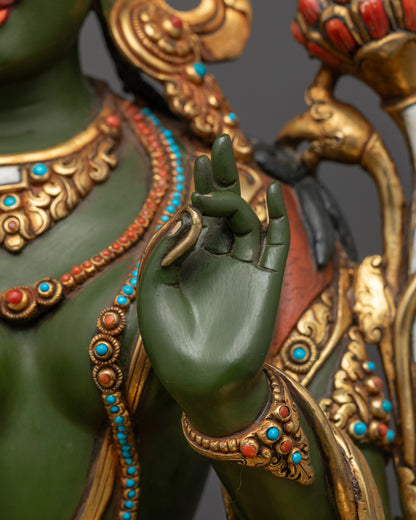 Hand-painted Serene Green Tara Statue | Tibetan Buddhist Sculpture