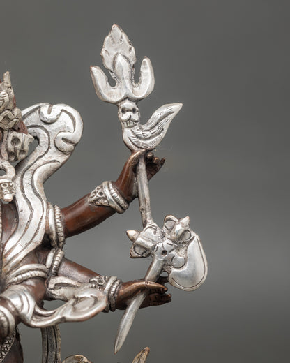 Handcrafted Oxidized White Mahakala Sculpture with Silver-Plated Finish