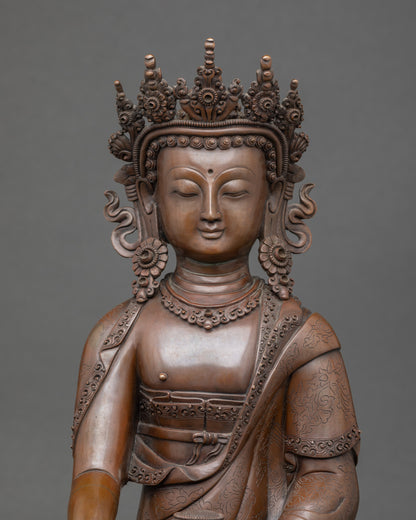Close-up of Mitrugpa Buddha face showing crowned details and serene expression