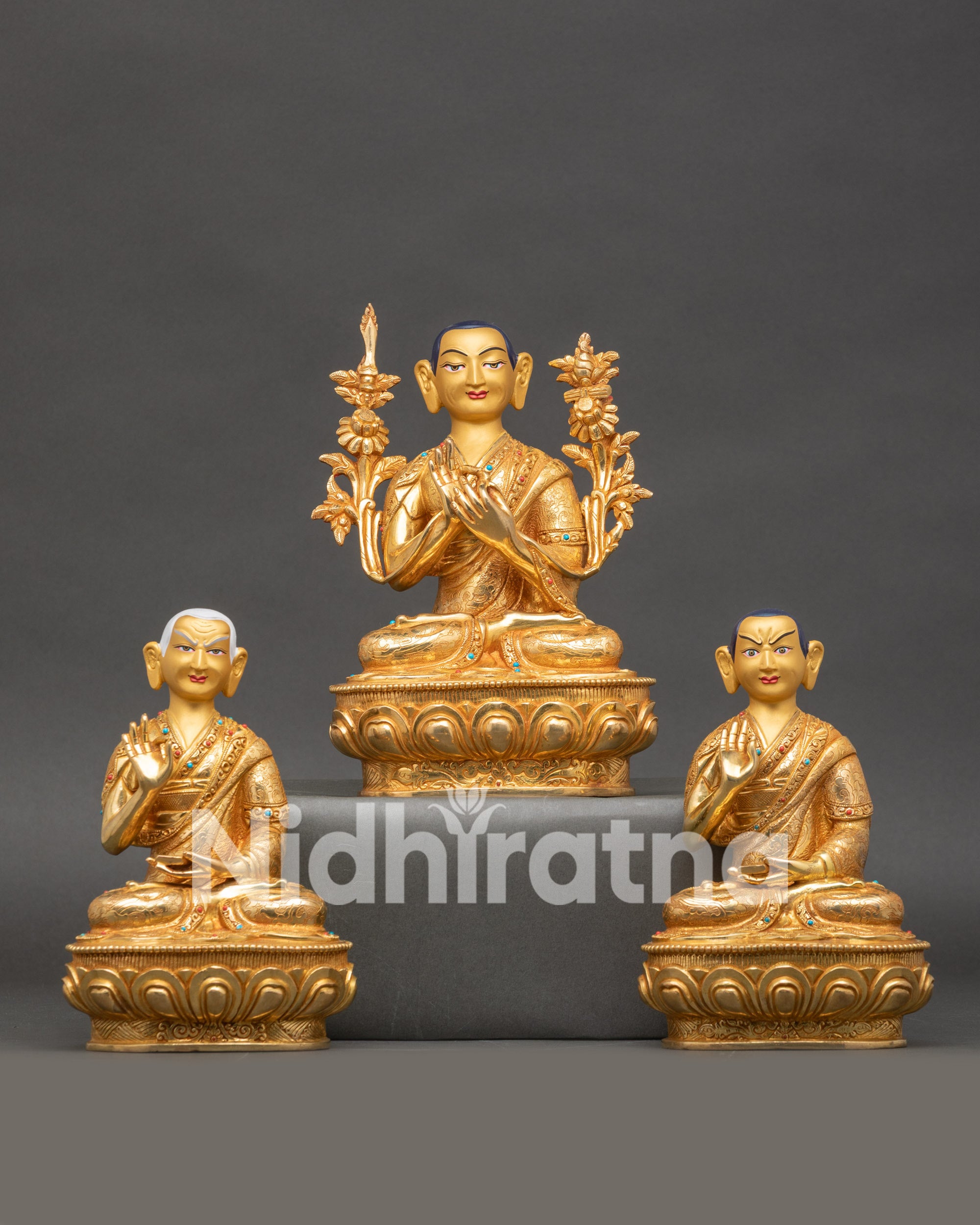 Tsongkhapa statue seated on lotus throne, gold fire-gilded Nepalese Buddhist altar set