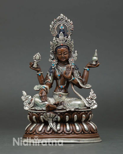 Front view of Laxmi statue oxidized copper silver plated Goddess Lakshmi seated on double lotus throne Nepal art