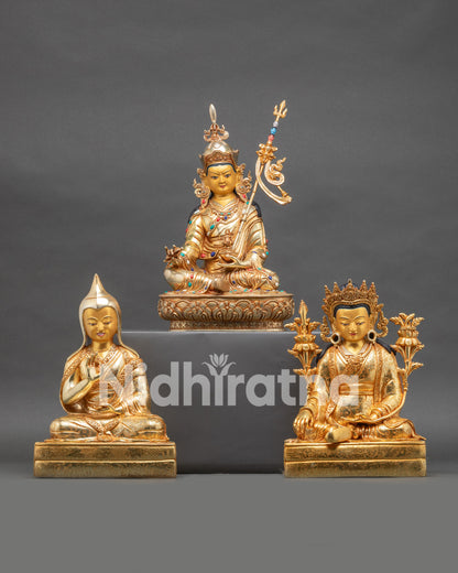 Front view Guru Rinpoche statue set with Trisong Detsen and Santarakshita in copper