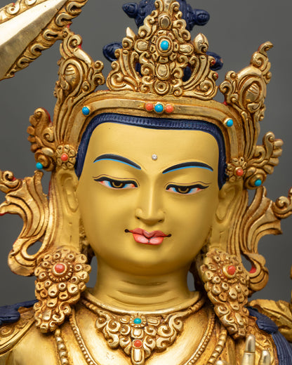 Manjushree Statue from Nepal | Gold Gilded Copper Artwork