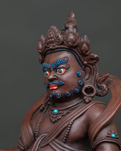 Dzambhala In Ornate Throne Statue | Brown Oxidized Copper Sculpture