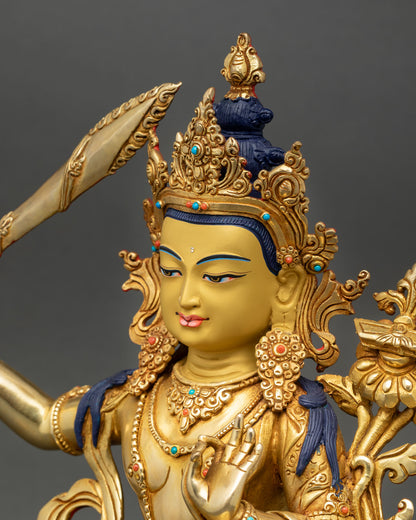 Manjushree Statue from Nepal | Gold Gilded Copper Artwork
