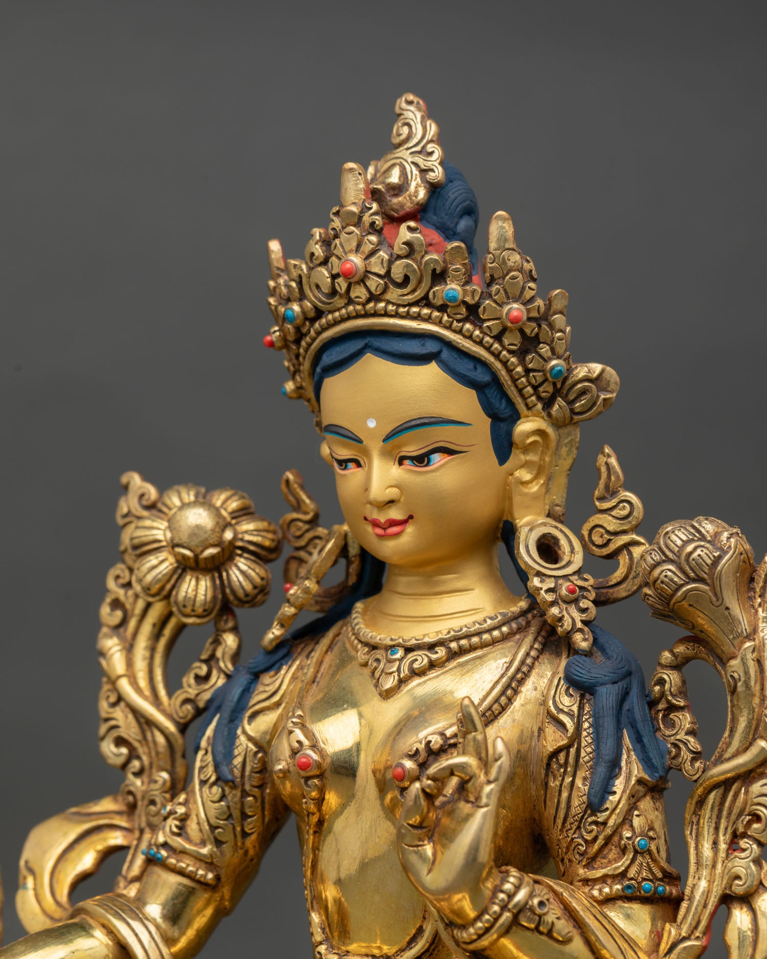 Elegant Green Tara | Gold Gilded Copper Tara Statue